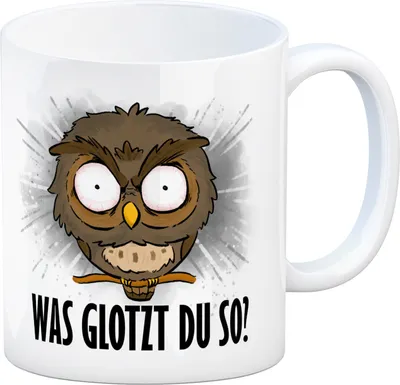 Produktbild von Eule Kaffeebecher mit Spruch Was glotzt du so?