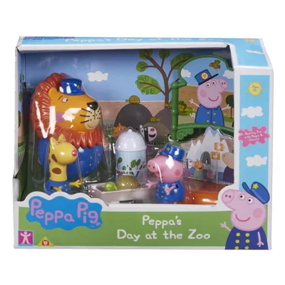 A toy playset of Peppa Pig characters at the zoo, displayed in its original packaging.