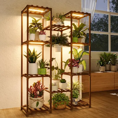 Productafbeelding van Bloemenstandaard met plantlamp, houten plantenrek met LED-plantlamp, plantenstandaard voor binnenshuis, moderne bloemenbank voor woonkamer en balkon