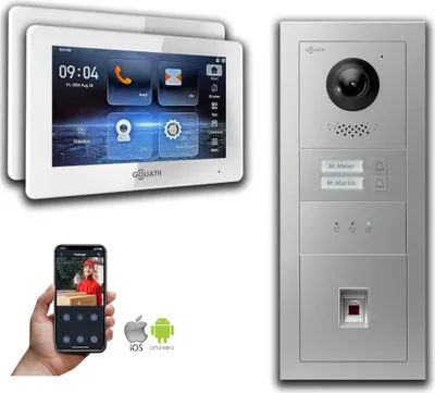 Produktbild von Goliath IP Video Türsprechanlage: 7-Zoll 2 Familienhaus, Fingerprint, Anzeige, Silber : 7 Zoll Weiß : 4er POE : Aufputz Dose Anschluss: 4er POE Monitor Farbe: 7 Zoll Weiß Montage: Aufputz Dose