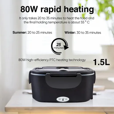Obrázek produktu pro Elektrická krabička na oběd - 1,5 litru, 60 W, ohřívač jídla - pro auto i domácnost, 220 V - s ochranou proti úniku - nerezová vložka, zástrčka EU - černá barva