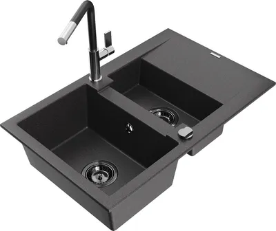 Produktbild von Mexen Gaspar 1,5-Becken-Granitspüle mit Abtropffläche und Mischbatterie Flora, Schwarz gesprenkelt - 6507-76-670401-07-B