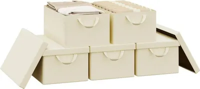 Produktbild von WOLTU 5er Set Aufbewahrungsboxen mit Deckel, mit Griffen, faltbar, Creme, 27L(48x29x20 cm)