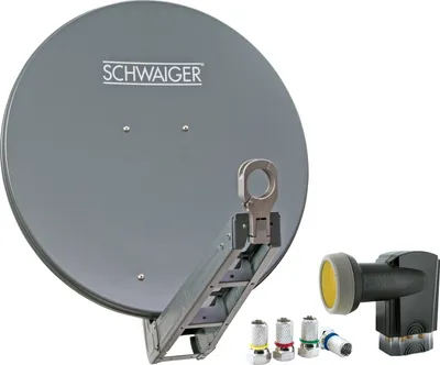 A satellite dish and its accessories are displayed against a white background.
