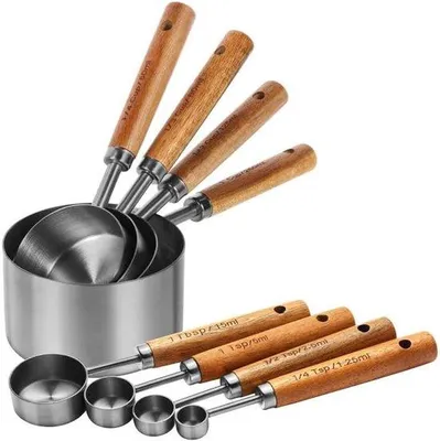 Produktbild von Famanu Messlöffel- und Messbecher-Set 8-teilig aus Edelstahl mit Holzgriff