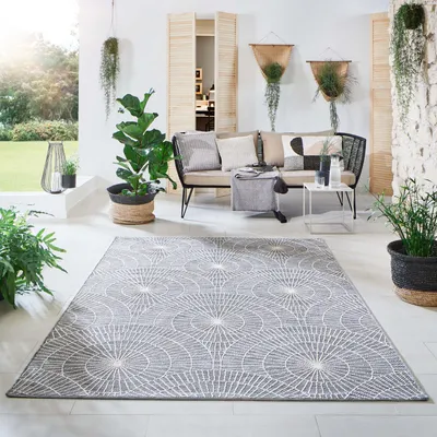 Produktbild von Steffensmeier Indoor Outdoor Teppich Nyland wasserfest Kunststoff Balkon Garten Flur, strapazierfähig und pflegeleicht, Kreise Grau, Größe: 280x380 cm