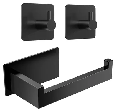 Image de Lot de 2 porte-rouleaux de papier toilette autocollants, porte-rouleau sans perçage avec tablette, porte-rouleau en acier inoxydable avec 2 options de fixation (noir, lot avec crochets)