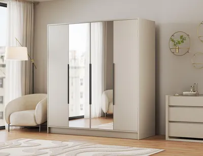 Produktbild von Kleiderschrank 4-türig Schrank mit Spiegel Garderobe Schlafzimmer Drehtürenschrank - Schrank Silvara 200 cm - Kaschmir mit schwarzen Griffen