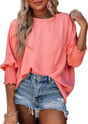 Produktbild von ASKSA Damen T-Shirt Puffaermel Rundhals Sommer Bluse Elegant Einfarbig Lose Laessig Kurzarm Tunika Oberteile (Rosa,L)