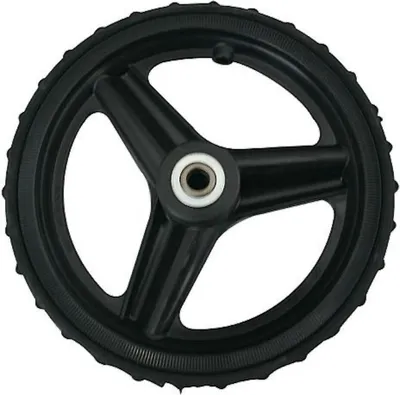 A black wheel with a ribbed tire and a three-spoke hub, centered on a white background.