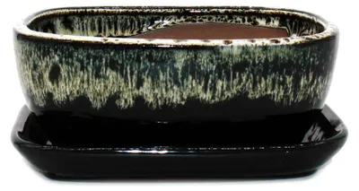 Produktbild von Bonsai-Schale mit Unterteller Gr. 3 Schwarz-Weiss rechteckig Modell GB5 L 21,5cm B 17cm H 8cm