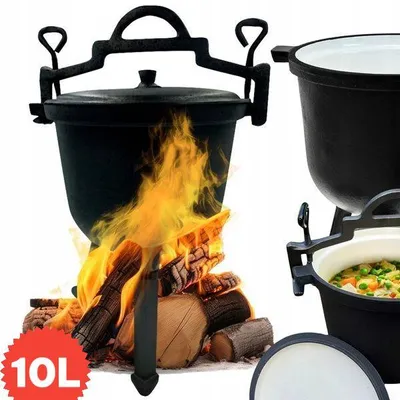 Zdjęcie produktu dla KlönBerg ŻELIWNY GARNEK MYŚLIWSKI 10 L, emaliowany na biało wewnątrz, idealny do ogniska i kuchni polowej, na kemping, wycieczki kempingowe, grillowanie KB9906