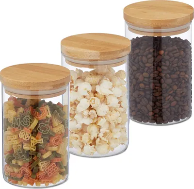 Produktbild von Relaxdays Vorratsgläser mit Bambusdeckel, 3er Set, runde Vorratsdosen aus Glas, 800 ml, luftdicht, transparent/natur