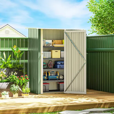Produktbild von Geräteschuppen Stahl wetterfest, Gerätehaus Metall Pultdach abschließbar, Gartenhaus Grün | Türriegel | 1,07 m² | 142 x 86 x 189 cm