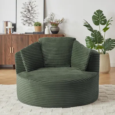 Image de Fauteuil rond en velours côtelé, fauteuil « Cloud » à assise profonde, pour le salon et la chambre à coucher, vert