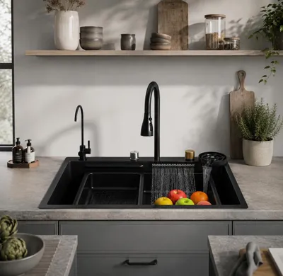 Produktbild von Faizee Home Neom Edelstahlspüle Schwarz 75x45 cm Premium Küchenspüle mit Armatur und Zubehör Set