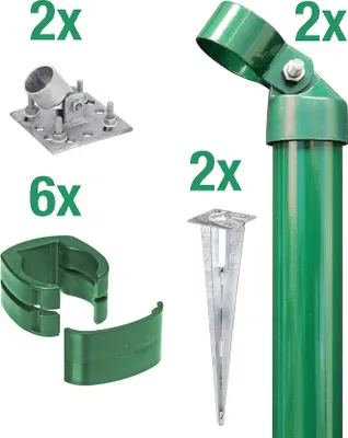 A collection of fence corner set components, including brackets, posts, and stakes, arranged on a white background.