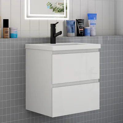 Produktbild von Badmöbel Set HUTI-Serie 50cm Mineralguss Waschbecken mit Unterschrank Badezimmermöbel mit 2 Schubladen Hochglanz Weiß Hängeschrank