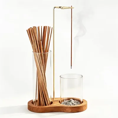 Wierookstokjeshouder met glazen asvanger, 15 × 26,5 cm, braun