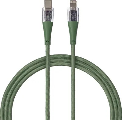 Zdjęcie produktu dla QUALO Przezroczysty nylonowy kabel USB-C - Lightning 1.5 m 2.4A Zielony QTCN-CL-04