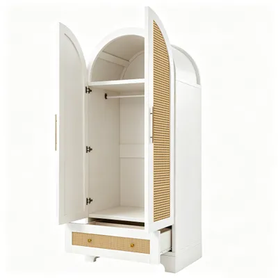 Produktbild von Kleiderschrank 70 x 55 x 170 cm weißer Kleiderschrank mit Doppeltüren, 2 Schubladen, 1 Staufach, Schrank in Rattanoptik