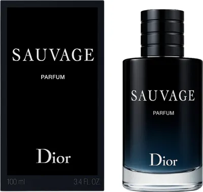 A product shot of Dior Sauvage Parfum for men, with the product box and bottle displayed side-by-side.
