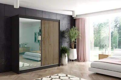 Produktbild von ALTDECOR Kleiderschrank mit Spiegel und Lamel-Schiebetüren, kugelgelagerte Führungsschienen und Aluminium-Leisten, LED-Beleuchtung und Fernbedienung - VILO - 200 cm - Schwarz/Lamelle Eiche Wotan