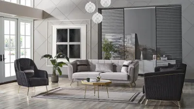 Image de Ensemble de canapés 3+3+1 places textile bois Canapé 3 places moderne Fauteuil Set complet