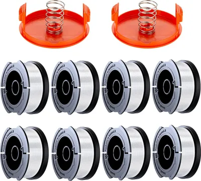 Obrázek produktu pro balení 8 cívek strunové struny, kompatibilní se strunovými sekačkami Black & Decker, A6481 A6485 cívka struny křovinořezu 1,65 mm (8 strunových strun, 2 kryty, 2 pružiny)