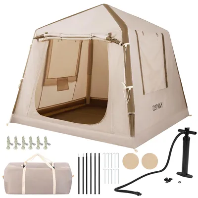 Image de Tente de camping gonflable COSTWAY pour 2 à 4 personnes, tente gonflable avec fenêtres à moustiquaire, pompe, sac de transport et piquets de fixation, tente familiale à monter d'un seul coup de main, 210 x 210 x 180 cm