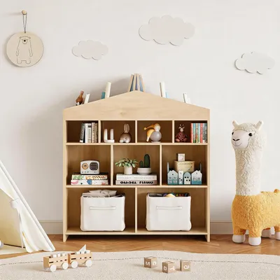Produktbild von Kinderregal Haus grau 100x30x104 cm Kinderbücherregal Hausform Bücherregal für Kinderzimmer Aufbewahrung