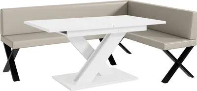 Produktbild von MEBLINI Eckbank für Esszimmer mit ausziehbarem Tisch  - Küchenbank - Essecke - Sitzecke Küche - TONI - X-Beine 142x196x87cm Rechts - Beige Kunstleder/B Weiß Matt