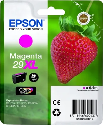 Produktbild von Epson Strawberry Singlepack Magenta 29XL Claria Home Ink, Hohe (XL-) Ausbeute, Magenta, Tinte auf Pigmentbasis, 6,4 ml, 1 Stück(e), 450 Seiten
