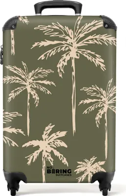 Produktbild von NoBoringSuitcases.com Hartschalen Handgepäck Koffer 55x35x20 cm, 36L, Sommerdruck für Männer: Grün mit beigem Palmenaufdruck, Reisekoffer mit 4 Rollen