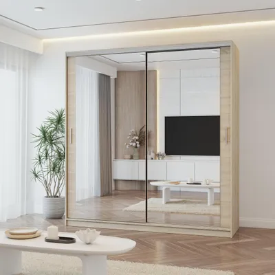Image de Armoire à portes coulissantes TOKYO M, armoire de chambre à coucher  Armoire 203 cm chêne Sonoma/chêne Sonoma avec miroir, poignées PVC couleur aluminium