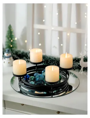 Produktbild von Moderner runder Adventskranz aus Metall: Adventskranzgestell matt schwarz Ø 30 cm für 4 Stumpenkerzen Ø 8 cm - skandinavisches, minimalistisches Adventsgesteck für den Tisch