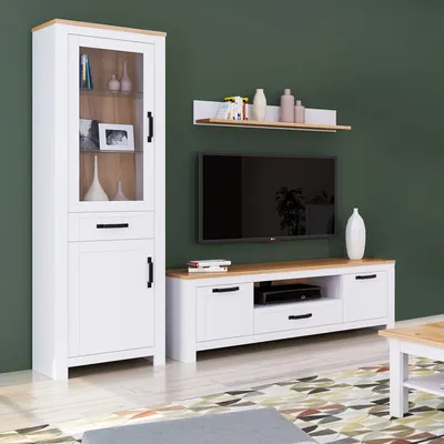 Produktbild von Homestyle4u Vitrine Highboard Weiß Kommode Wohnzimmerschrank Holz Eiche