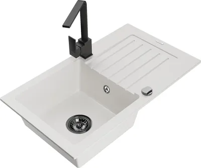 Produktbild von Mexen Pablo 1 Becken-Granitspüle mit Abtropffläche und Mischbatterie Rita, Weiß - 6510-20-670300-70