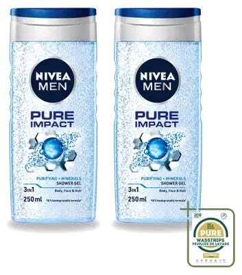 Produktbild von 2 x Nivea Men Douchegel Pure Impact 3-in-1 - 250 ml - Vorratspackung - 2 Stücke