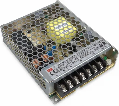 A metal-cased AC-DC power supply unit with a honeycomb ventilation grille.