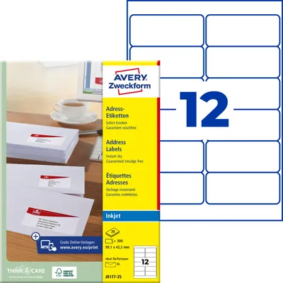 Produktbild von Avery Zweckform J8177-25, Adress-Etiketten, A4, 99,1 x 42,3 mm, 300 Etiketten / 25 Bögen, weiß