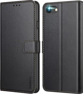 Image de iPhone SE 2022/2020 Housse en cuir noir pour téléphone portable, emplacements pour cartes, fonction support