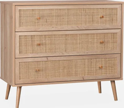 Produktbild von sweeek Kommode Rohrgeflecht Natur Holzeffekt 3er Set H79 x B39 x T90 cm Zirkelfüße Bohème Kompakt