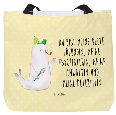 Produktbild von Mr. & Mrs. Panda Einkaufstasche Robbe Sherlock - Gelb Pastell - Geschenk, Tasche, Lustige Sprüche, Strandtasche, Schultasche, Reisetasche, Tote Bag