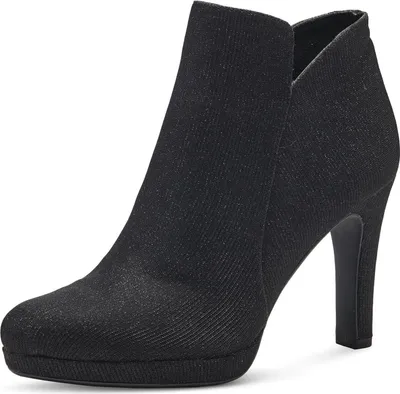 A single black high-heeled ankle boot with a platform sole is shown against a white background.
