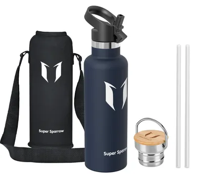 Productafbeelding van Super Sparrow drinkfles van roestvrij staal - 750 ml - Lekdichte thermoskan, BPA-vrij. Drinkfles voor kinderen, geschikt voor bruisend water, sport, school en fitness. Met 2 deksels