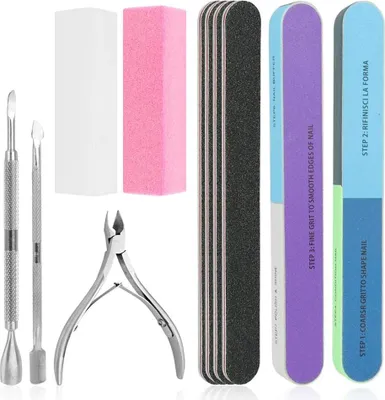 Produktbild von Wovte Nagelfeilen-Set, 11 Stück, 7-Wege-Block, Polierblock, mit Nagelhautzange und Schieber für abgestorbene Haut, Maniküre-Werkzeuge