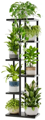 Produktbild von Hoher Pflanzenständer aus Metall und Holz – 6-stöckiges Pflanzenregal, Zimmerpflanzenregal, moderner Blumenständer, Blumenregal für Wohnzimmer und Balkon, schwarz
