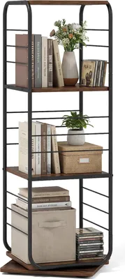 Produktbild von COSTWAY 4-stöckiges Bücherregal, 360° Standregal Bücherturm mit Metallrahmen, Büroregal, Dekoregal, Aufbewahrungsregal, Braun, 40 x 40 x 115 cm
