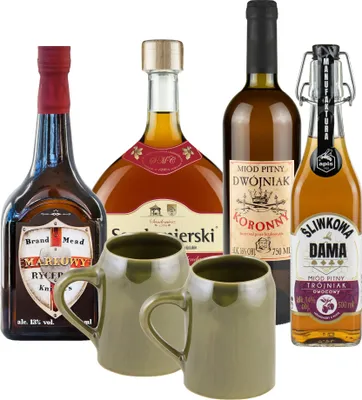 Produktbild von Setz von 4 Mets mit Keramikkrügen (Honigwein Dwójniak-Halber / 3x Trójniak-Drittel) |2750ml | 13-16% Alkohol Metwein | Polnische Produktion